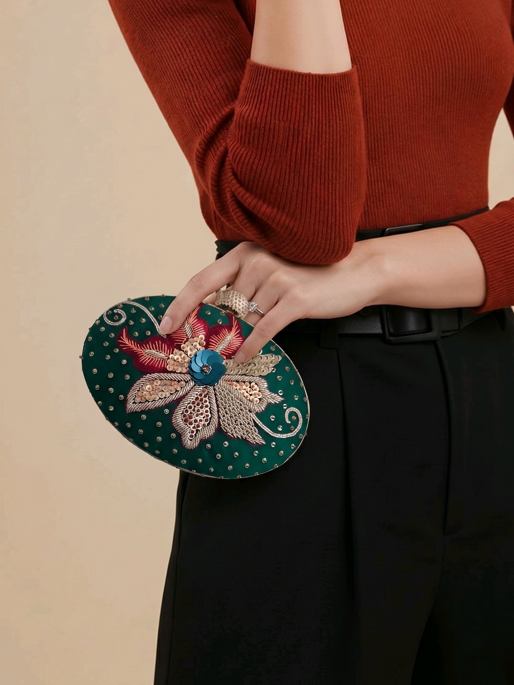 Embroidered Teal Floral Oval Clutch